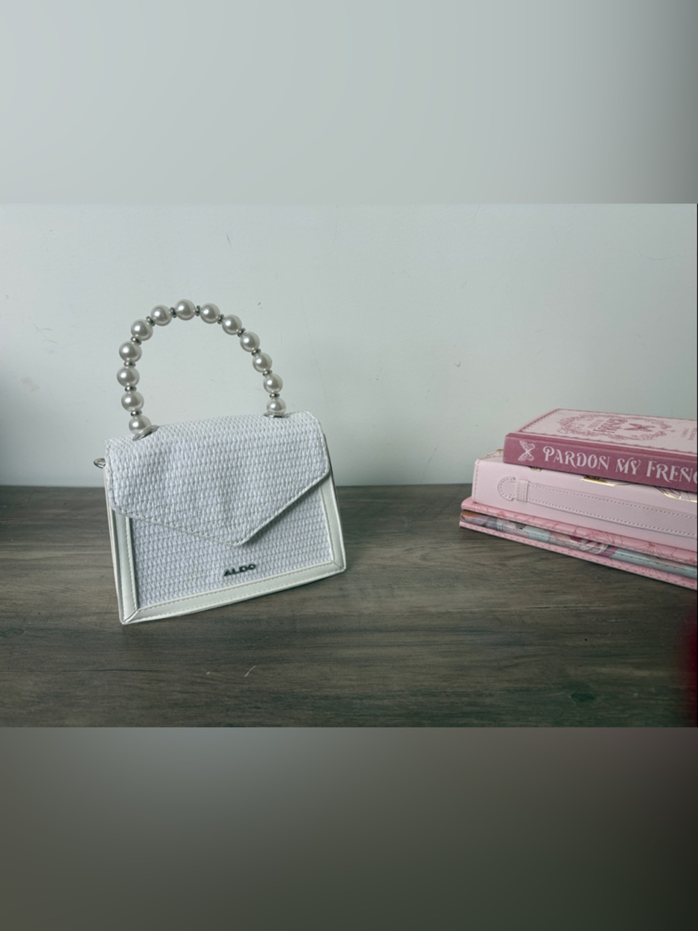 ALDO Woven White Purse with White Pearl Handle